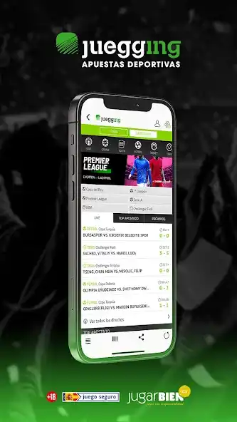 Aplicación Juegging mostrando eventos de Premier League en pantalla móvil