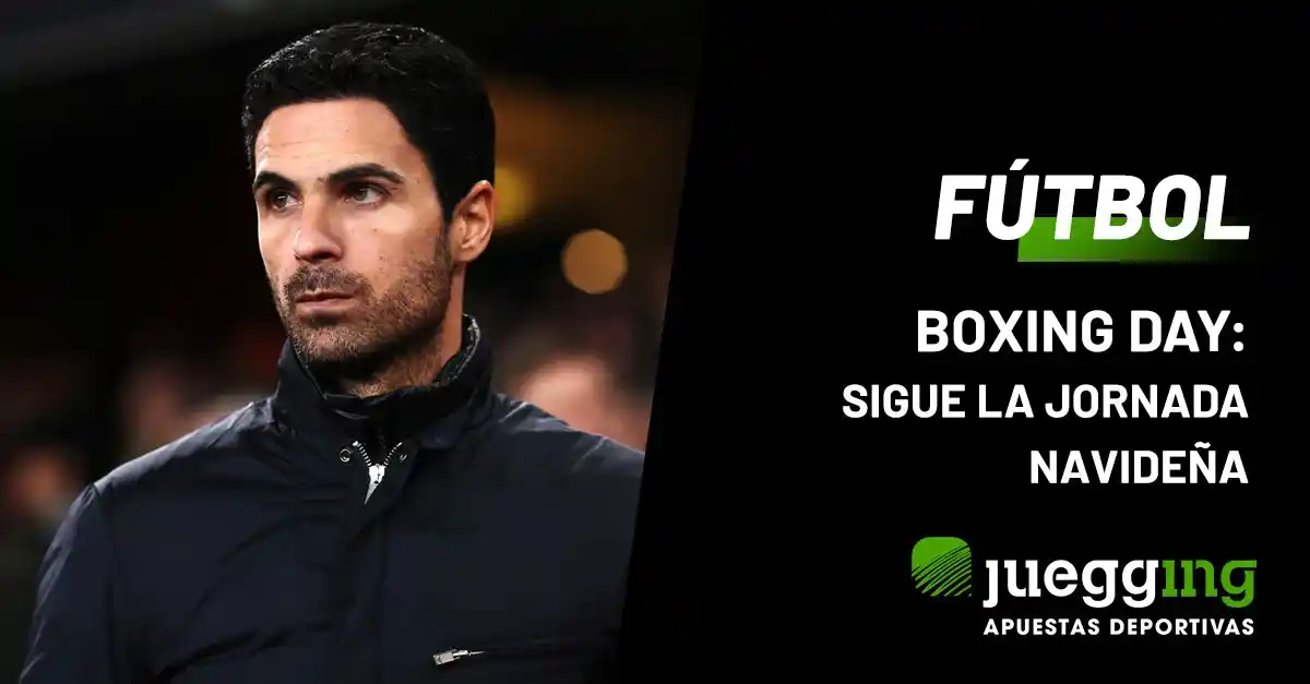 Publicidad de apuestas de fútbol en Juegging para el Boxing Day con imagen de entrenador